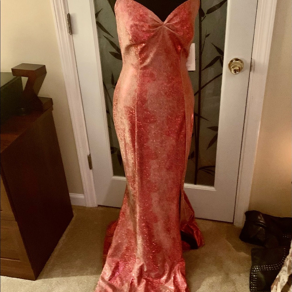 Promworld floor length Red Evening Dress w/gold highlights. Side split knee. NWT